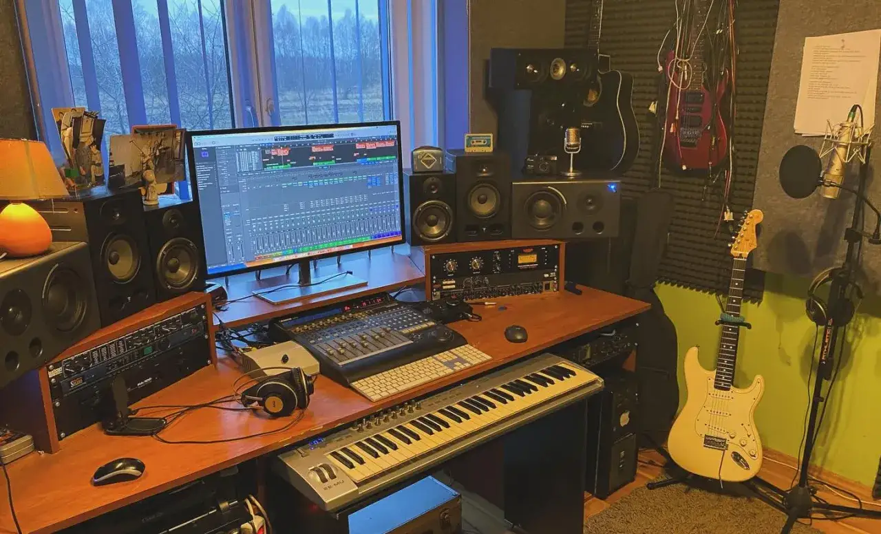 Studio nagraniowe z komputerem, klawiaturą, gitarami i mikserem. To pokazuje zastosowanie komputerów w muzyce, od tworzenia po produkcję.