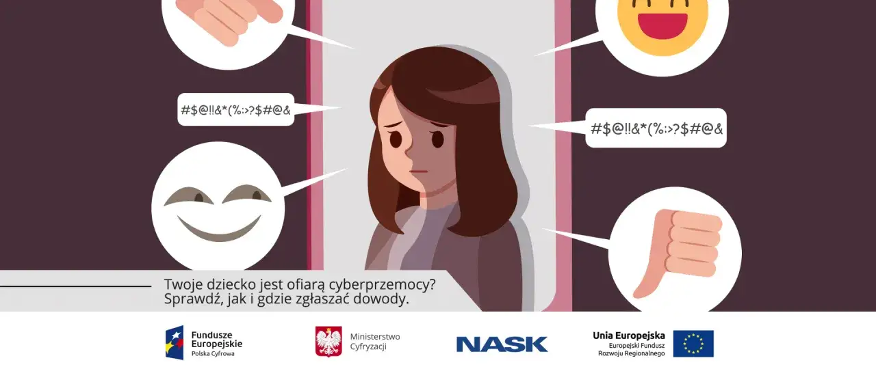 Smutna dziewczynka otoczona symbolami hejtu i wyzwisk. Obrazek ostrzega przed cyberprzemocą w szkole.