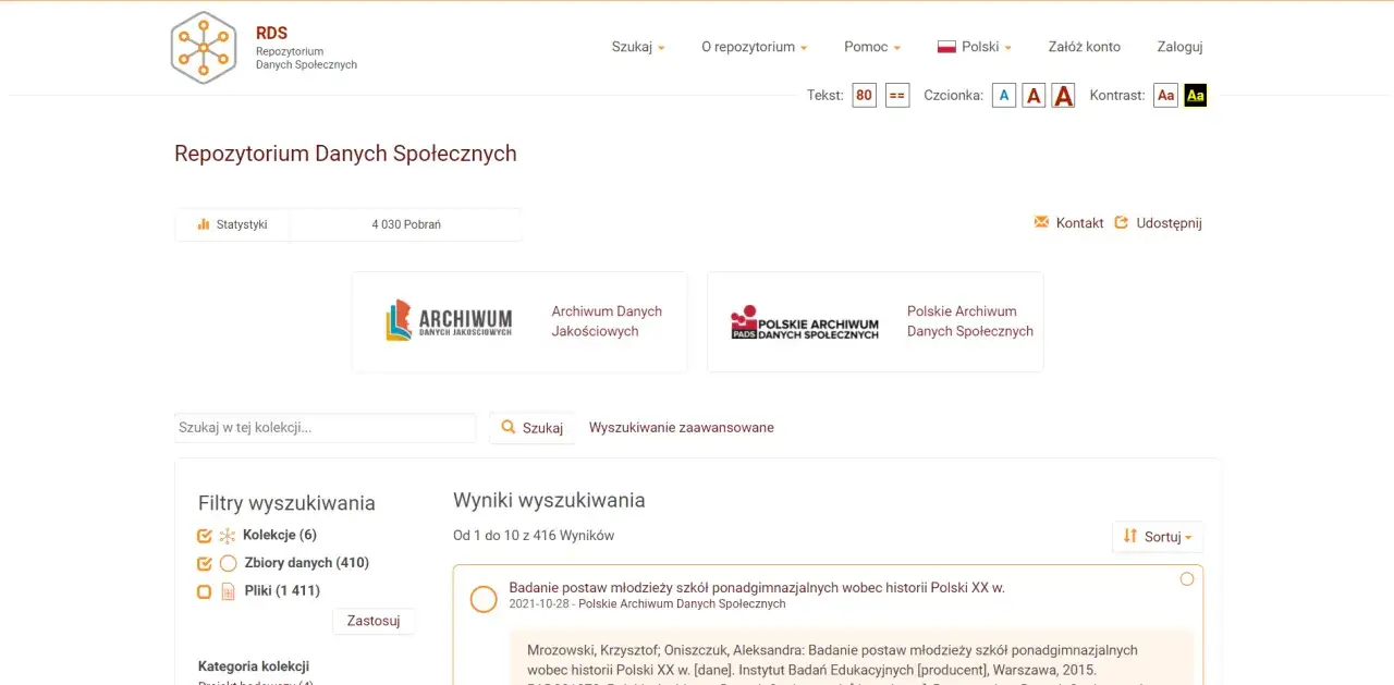 Strona Repozytorium Danych Społecznych, oferująca strefę otwartej nauki. Dostępne filtry wyszukiwania i wyniki.