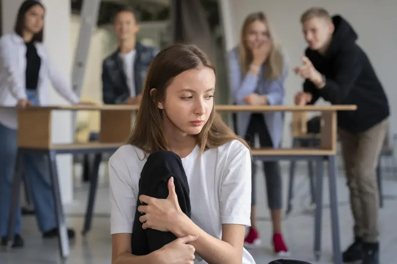 Smutna dziewczyna w białej koszulce, przytulająca się do siebie, podczas gdy inni uczniowie w tle wydają się śmiać i wskazywać na nią, co sugeruje dokuczanie w szkole.