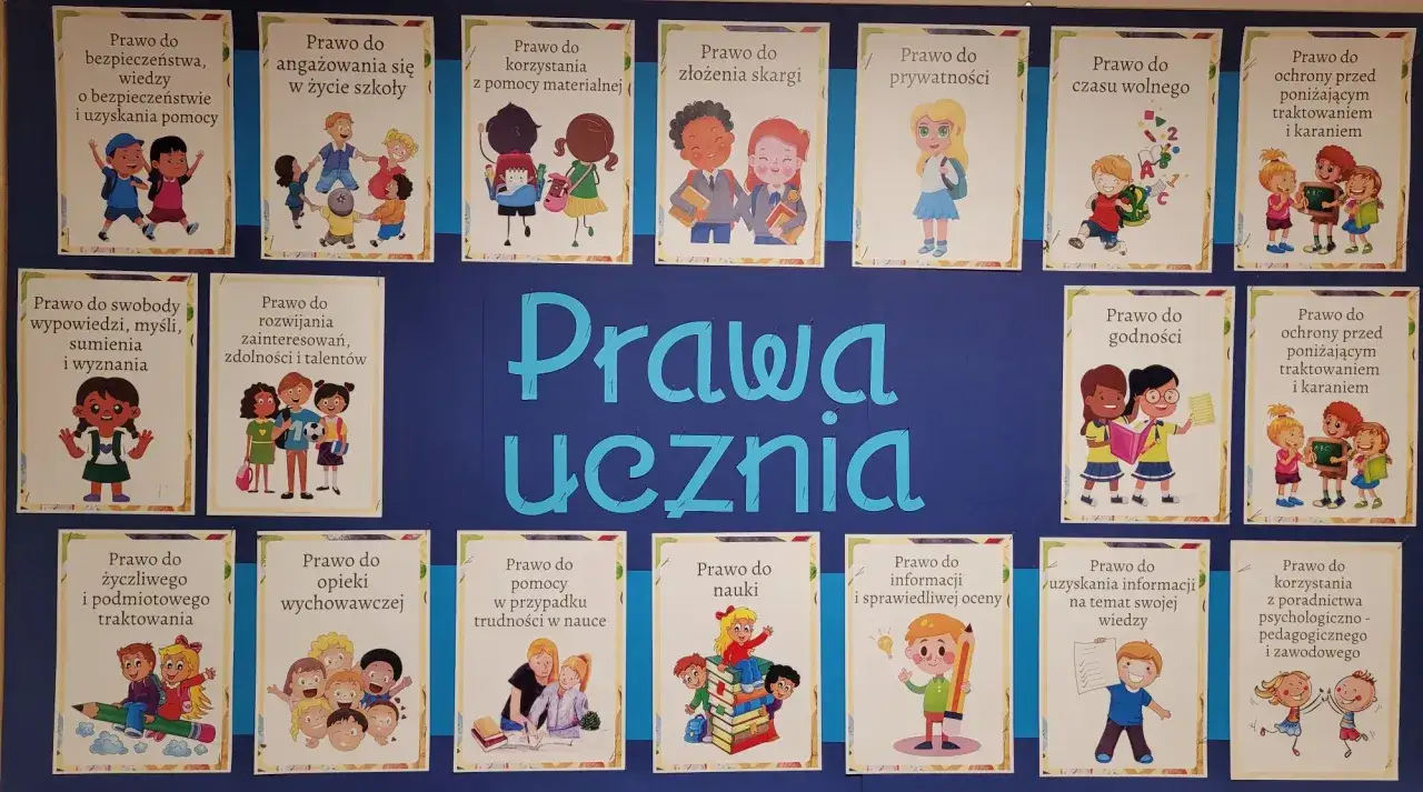 Tablica z prawami ucznia, w tym prawo oświatowe poprawa ocen. Ilustracje dzieci symbolizują różne prawa.