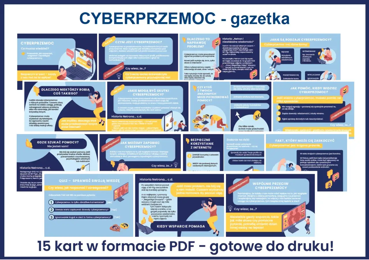Grafika informuje o cyberprzemocy w szkole, jej rodzajach, skutkach i sposobach pomocy.