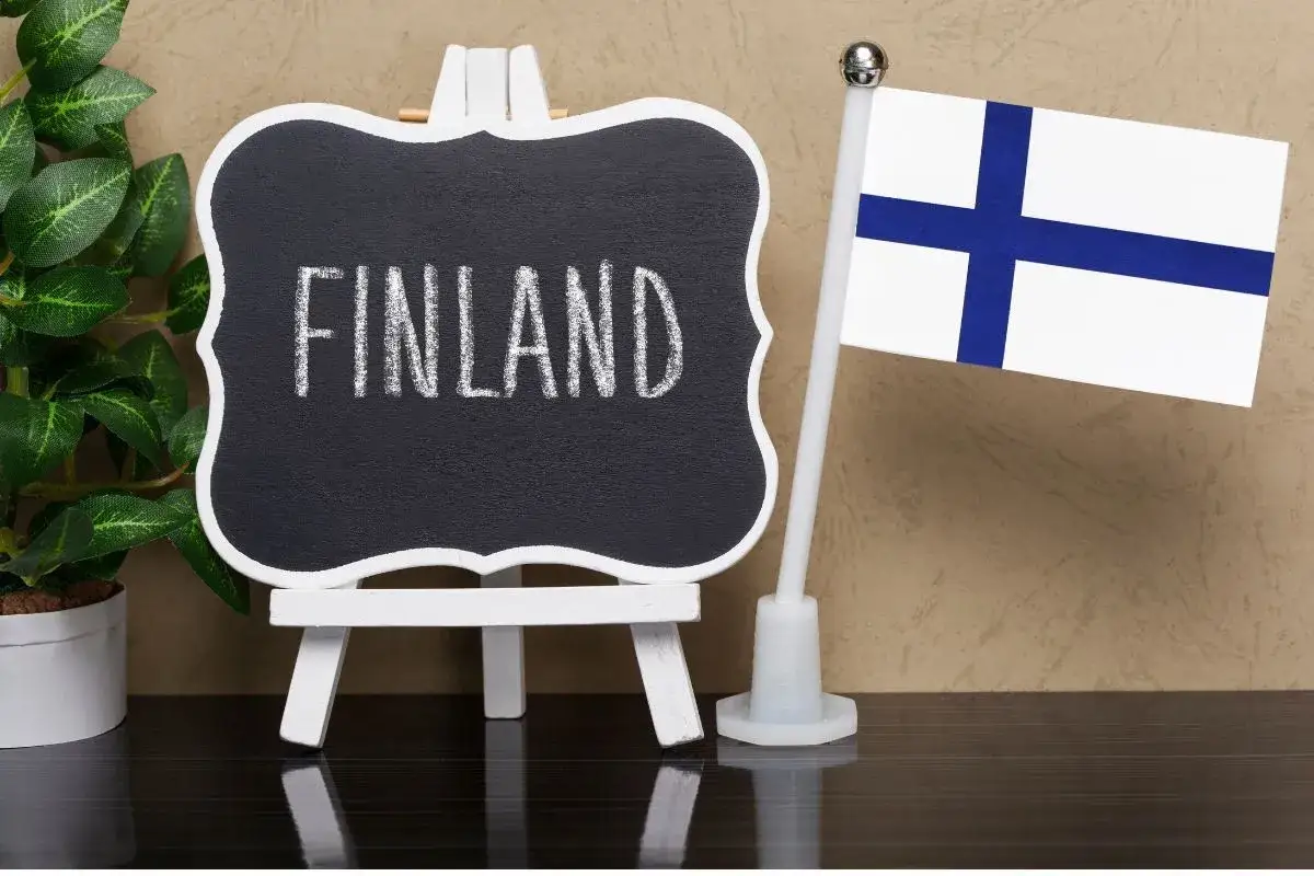 Tablica z napisem FINLAND i flaga Finlandii. Symbolizują one doskonały system edukacji w Finlandii, który jest inspiracją dla wielu krajów.