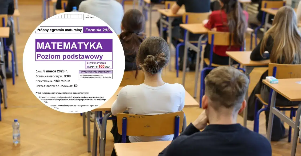 Uczniowie piszą próbną maturę z matematyki. Na arkuszu widnieje informacja o uprawnieniach do dostosowania w związku z dyskalkulią.