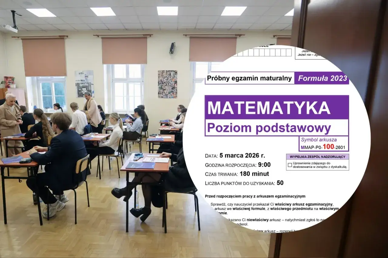 Uczniowie piszą próbną maturę z matematyki. Na arkuszu widnieje informacja o dostosowaniu w związku z dyskalkulią.