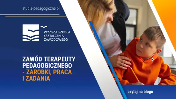 Chłopiec z ołówkiem, wspierany przez kobietę. Informacja o studiach i kwalifikacjach terapeuty pedagogicznego.